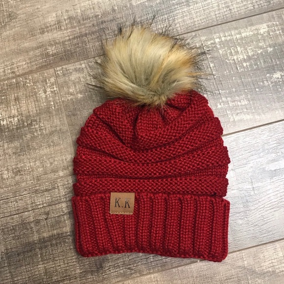Women’s KK POM POM Beanie-Maroon - Picture 1 of 2